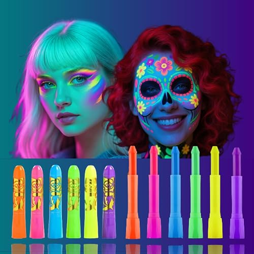 Glow In The Dark Body Paint, 6 PCS Glow In The Dark Under Uv Black Light Sticks Makeup Neon Face Painting Kits For Adult Halloween Festival Accessory