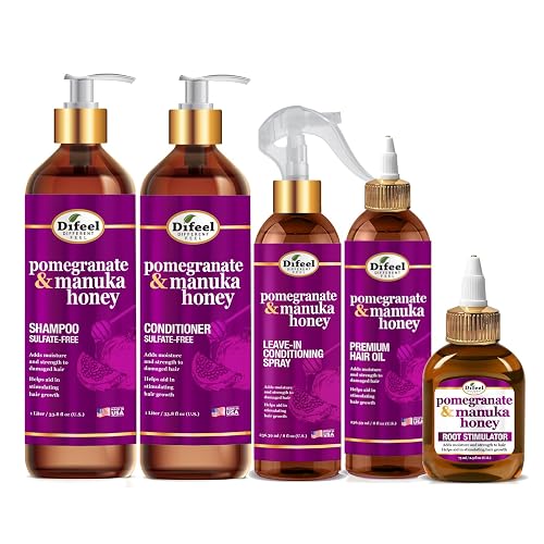 Difeel Pomegranate & Manuka Honey Shampoo & Conditioner 5-PC Set - Includes 33.8oz Shampoo, 33.8oz Conditioner, 8oz Leave in Spray, 8oz Hair Oil