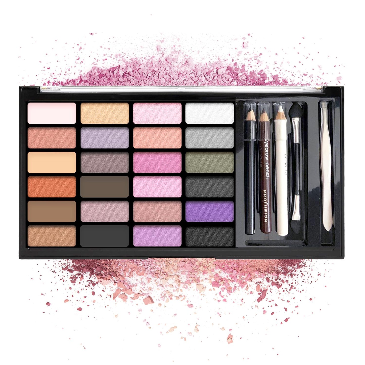 Profusion Cosmetics 24 Shades Eyeshadow Palette - Complete Eye Makeup Kit with Brow & Eyeliner Pencils, Dual Foam Applicator and Tweezers…