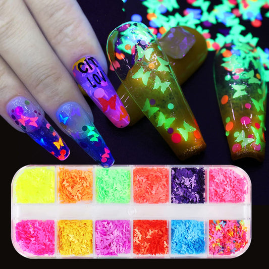 12 Colors 3D Butterfly Nail Sequins Luminous Butterflies Nail Art Design Holographic Butterflies Shape Flakes for Nail Decorations Sparkle Colorful