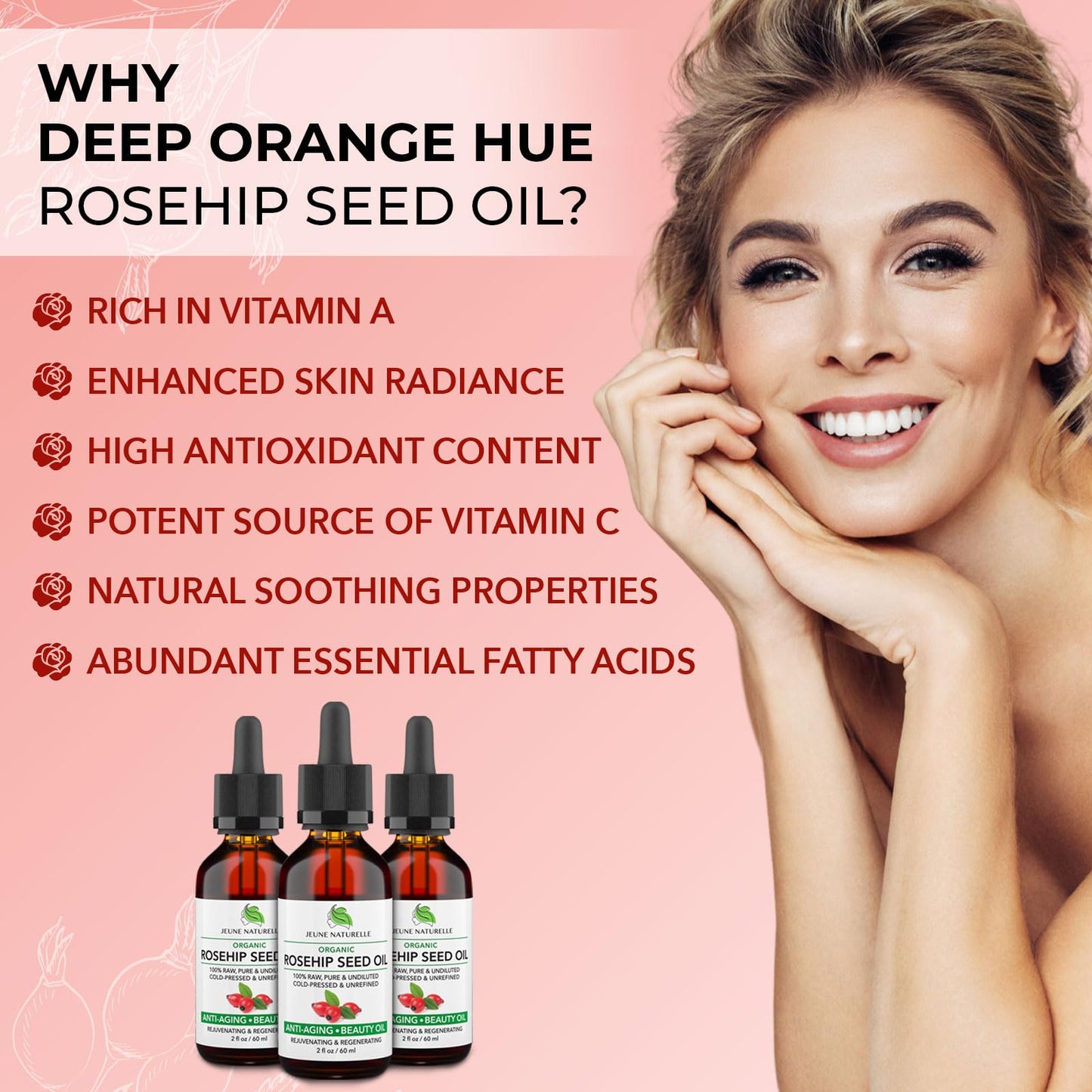 Rosehip Oil - Pure, Virgin, Cold Pressed - From Whole Berries (Pulp & Seeds), Natural Deep Orange Hue for Intensive Skin Repair - Undiluted Organic