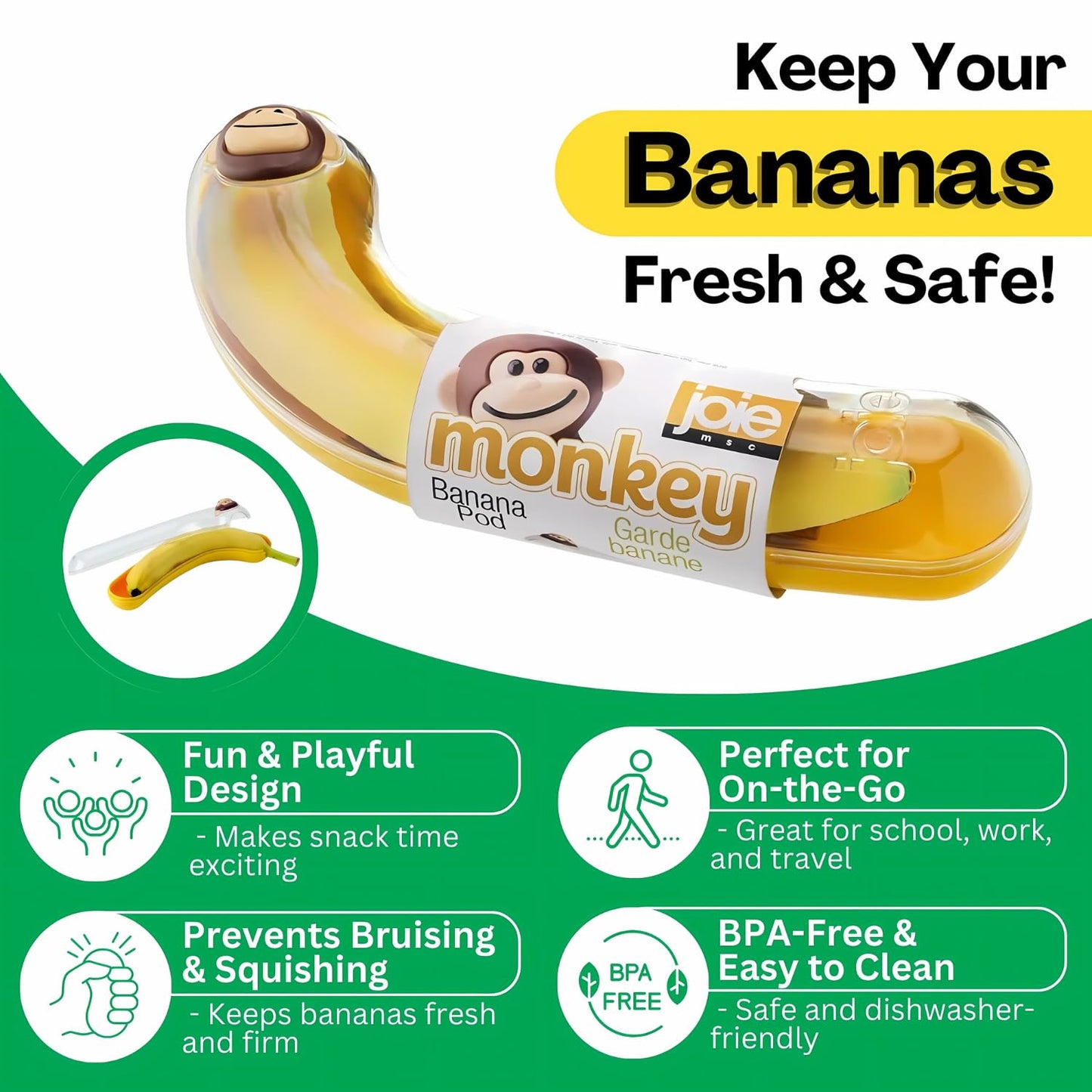 Joie Monkey Banana Pod Storage Container, Durable Holder for Kids Lunch Boxes and Backpacks, Keeps Food Fresh and Safe On-the-Go, Cute Kitchen…