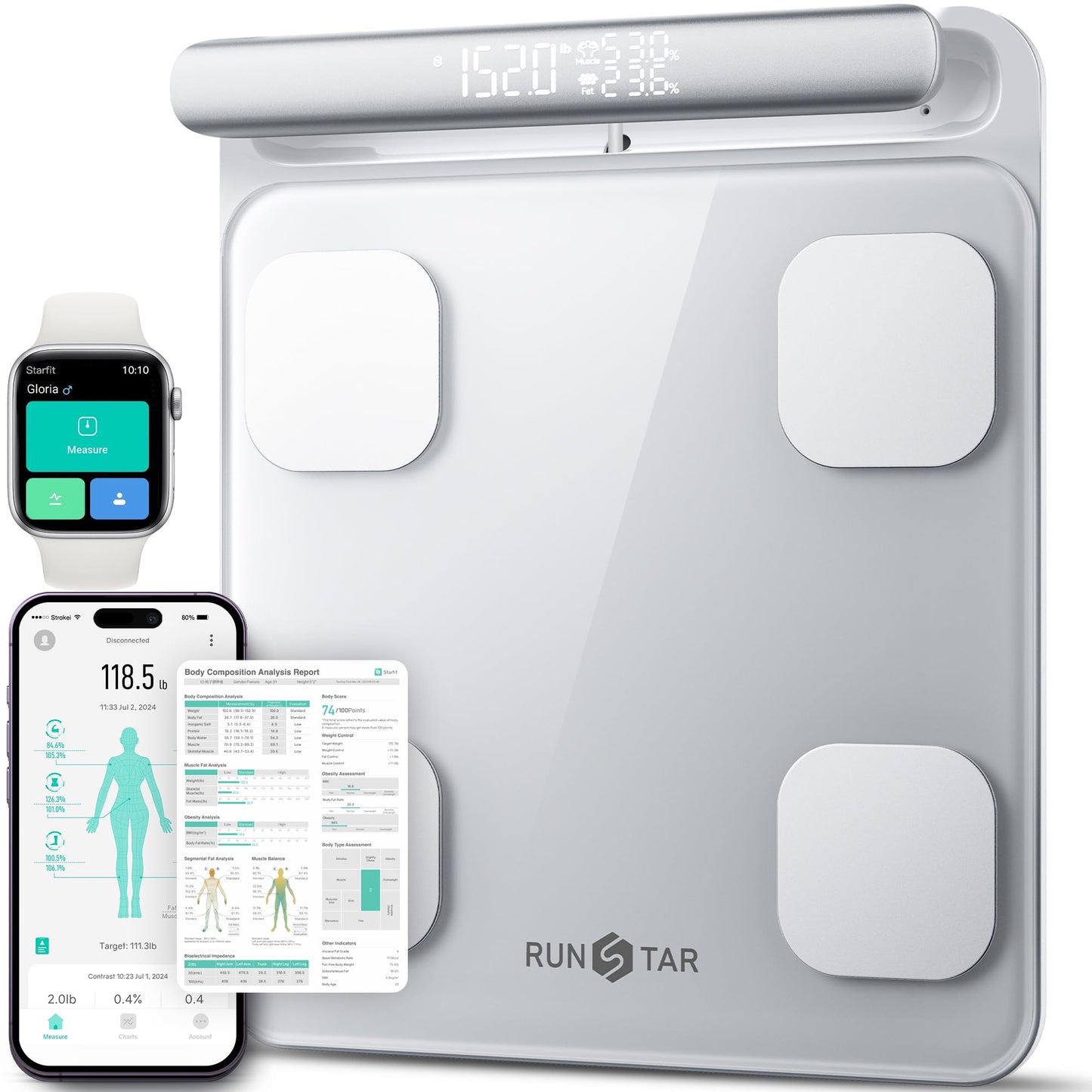 RunStar Smart Scale for Body Weight and Fat Percentage FSA&HSA Eligible, 8-Electrode Digital Bathroom Scale with BMI, Body Fat & Muscle Mass to 28… Sports & Outdoor runstar