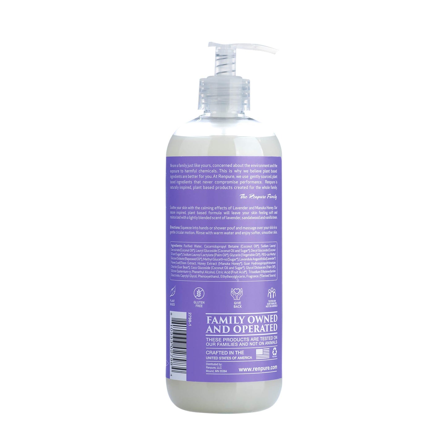 RENPURE Plant-Based Organic Natural Lavender Body Wash, Manuka Honey & Coconut Oil for Body - Sulfate Free, Moisturizing Shower Gel & Sensitive Skin