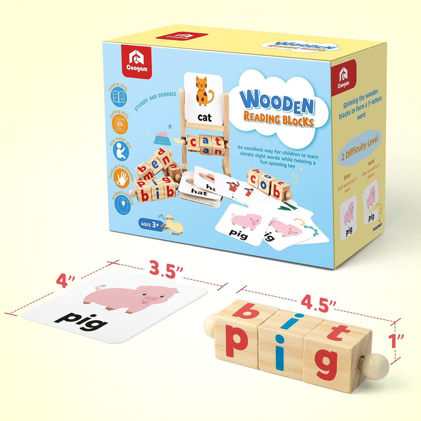 Coogam Wooden Reading Blocks – Short Vowel Rods Spelling Game with Rotating Letter Puzzle & Flash Cards, Montessori Learning Toy for Preschool Kids