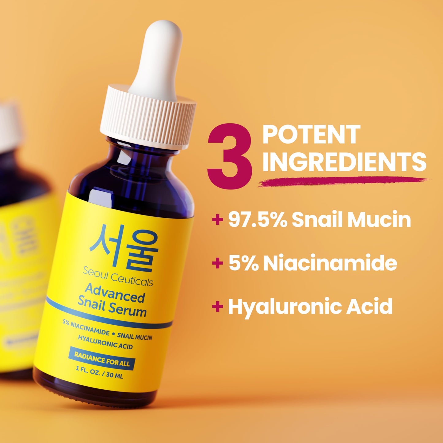 SeoulCeuticals Korean 5% Niacinamide + Snail Mucin 97.5% Essence Serum + Hyaluronic Acid, Cruelty Free Korean Skin Care, Natural & Organic Anti Aging