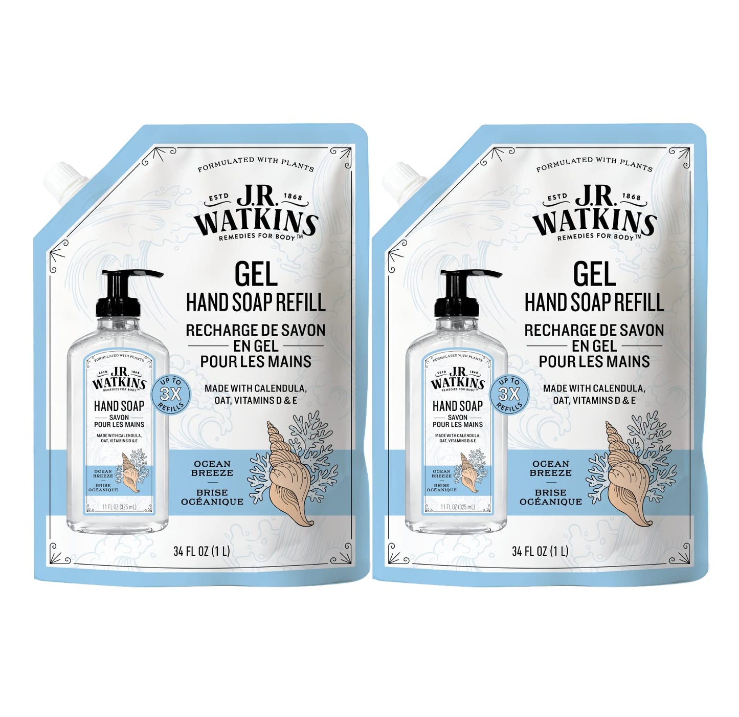 J.R. Watkins Gel Hand Soap Refill Pouch, Scented Liquid Hand Wash for Bathroom or Kitchen, USA Made and Cruelty Free, 34 fl oz, Ocean Breeze, 2 Pack