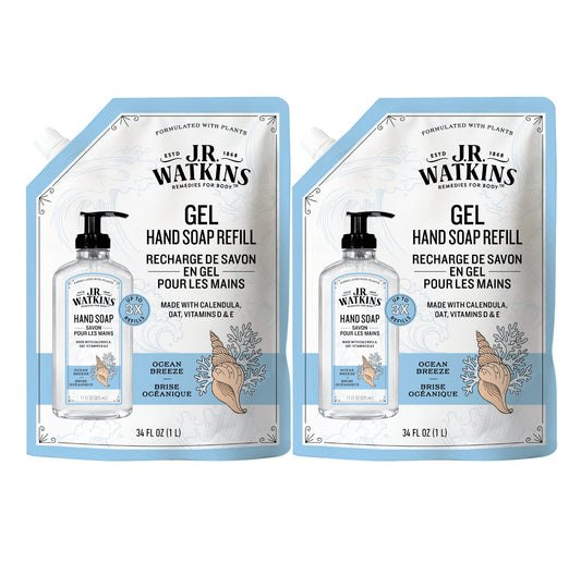 J.R. Watkins Gel Hand Soap Refill Pouch, Scented Liquid Hand Wash for Bathroom or Kitchen, USA Made and Cruelty Free, 34 fl oz, Ocean Breeze, 2 Pack Beauty & Personal Care J.R. Watkins