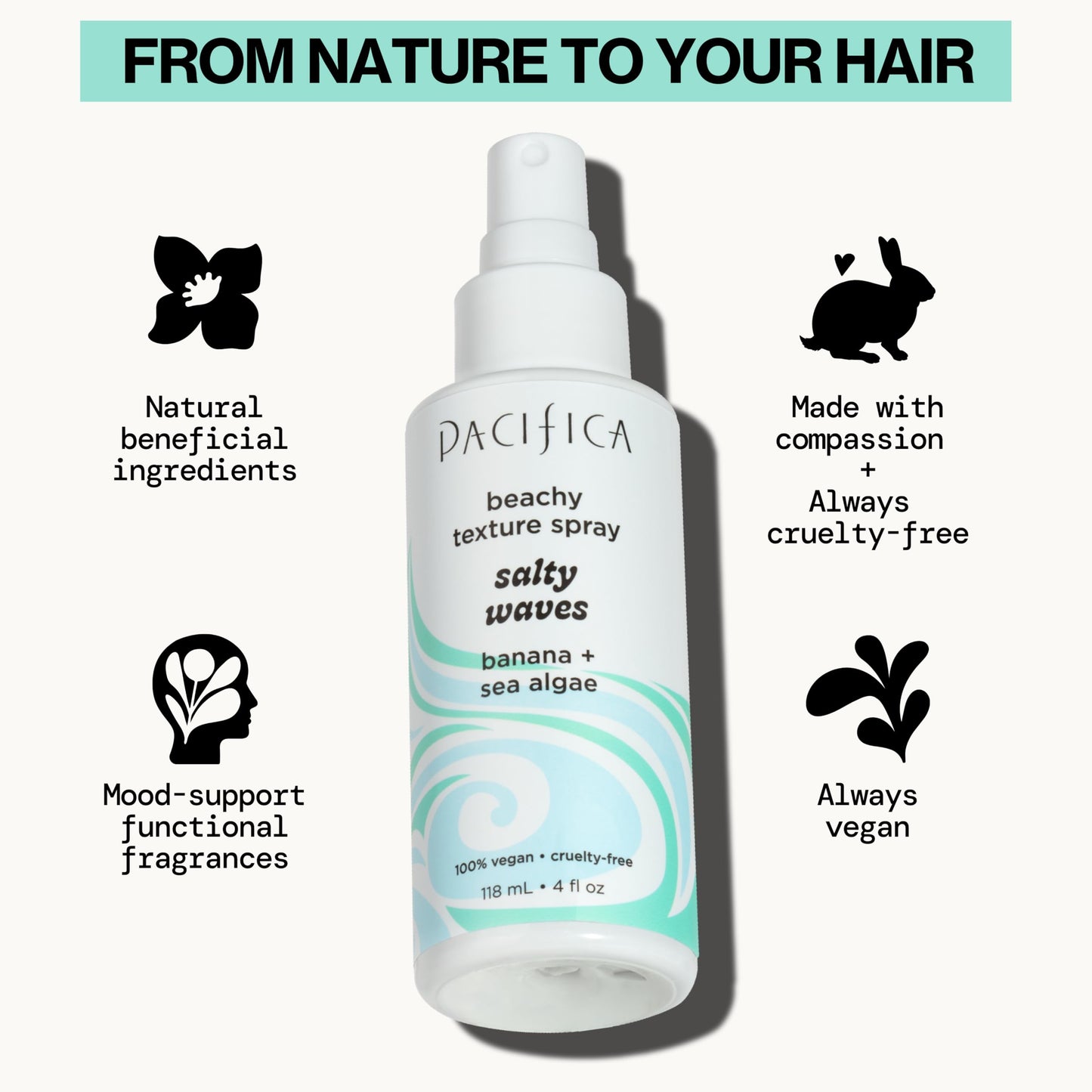 Pacifica Salty Waves Sea Salt Texturizing Spray, Coconut Scent 4oz - Beachy Waves Hair Spray for Tousled Texture & Volume, Surf Salt Spray