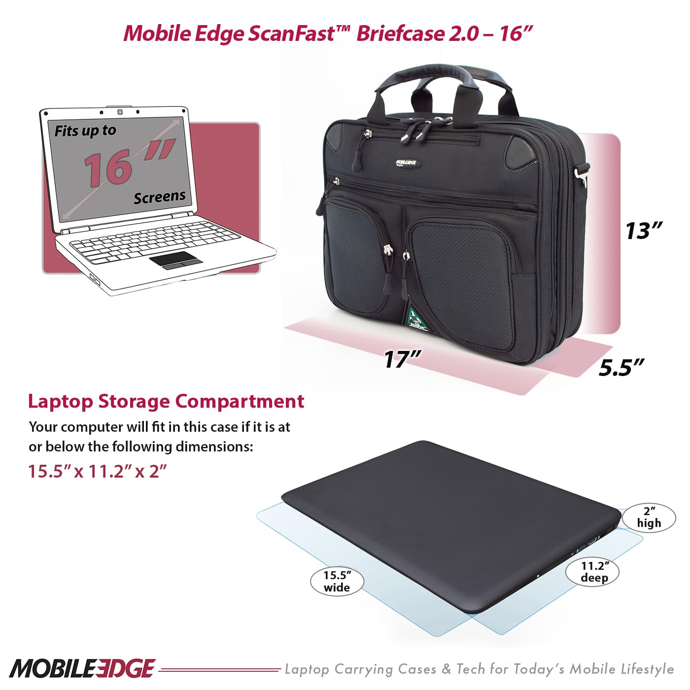 Mobile Edge ScanFast Laptop Briefcase Bag for Men and Women, for 16" PC and Compatible with MacBook 17", TSA Checkpoint Friendly, Black