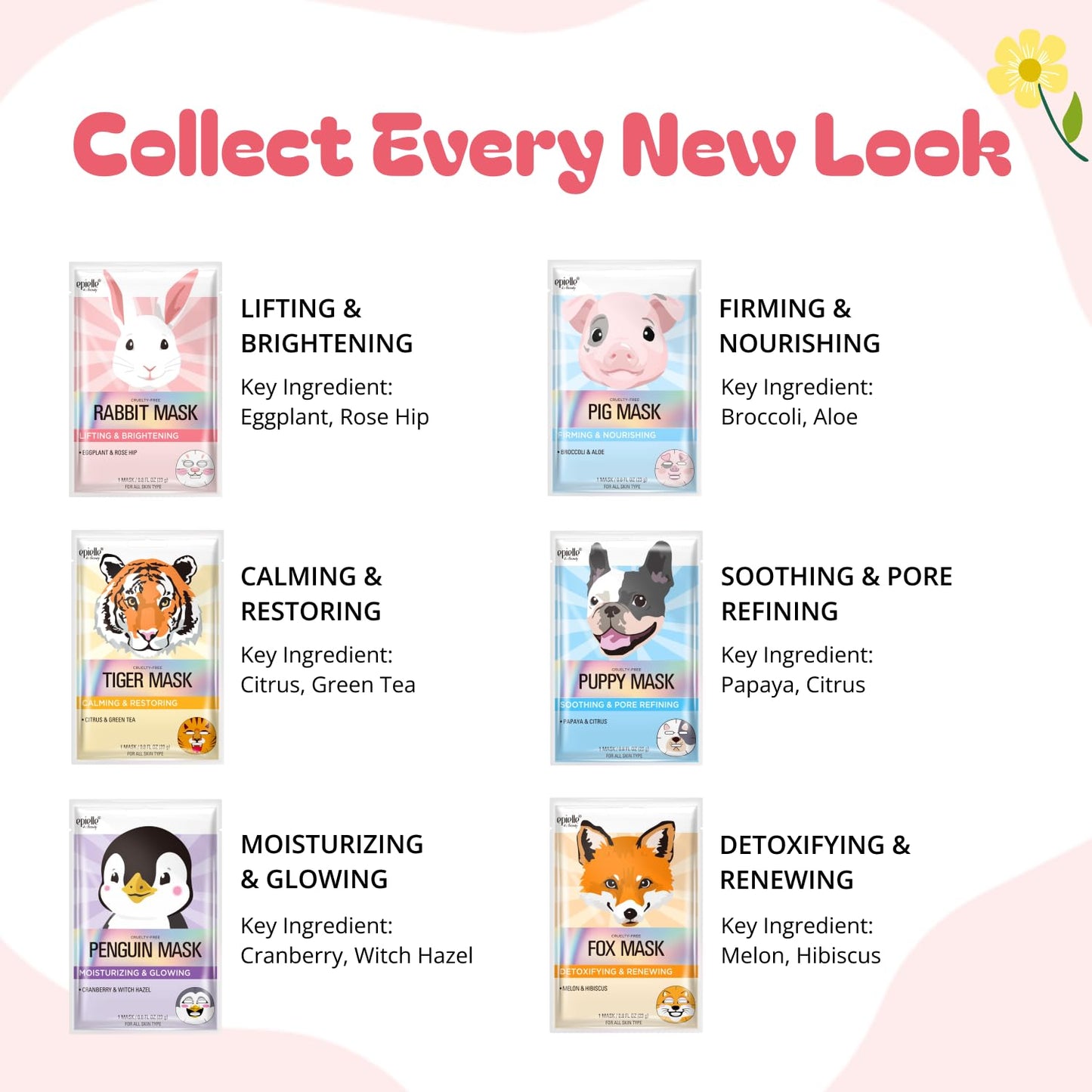 Epielle Character Face Mask Fuzzy Friends 6 Pack, Fun & Effective Korean Skin Care, Spa Party Favors, Stocking Stuffers, Birthday Gifts for Women