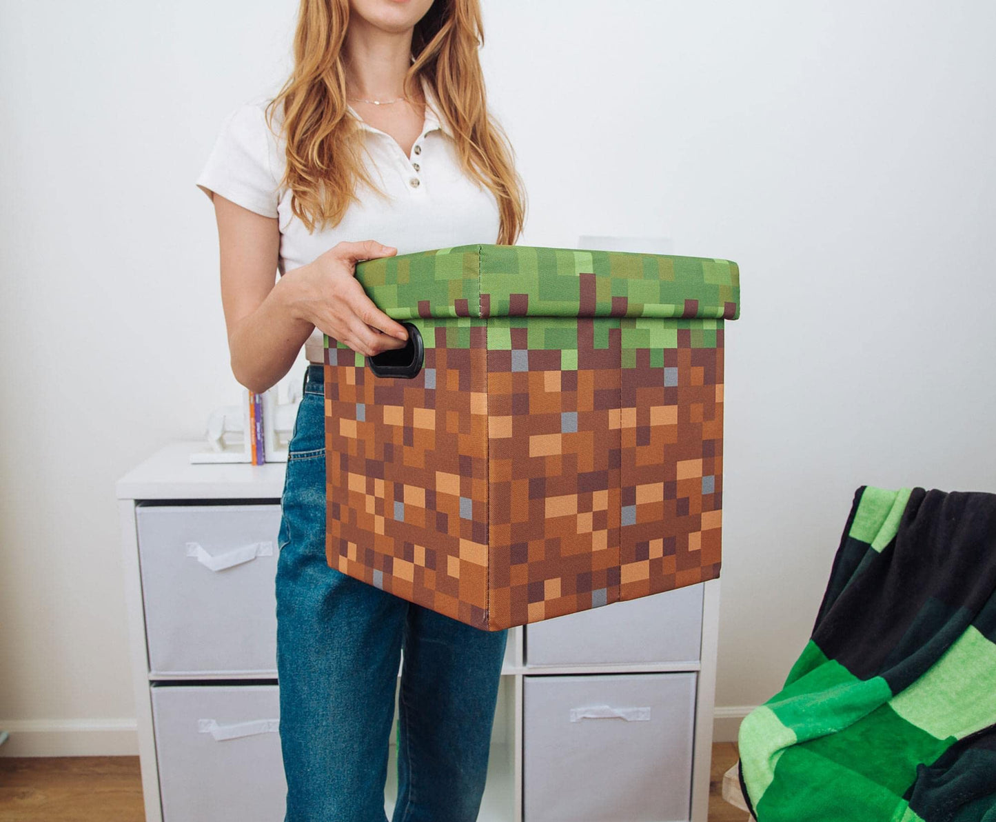 MINECRAFT Grassy Block 13-Inch Storage Bin Chest with Lid | Foldable Fabric Basket Container, Cube Organizer with Handles, Cubby for Shelves, Closet…