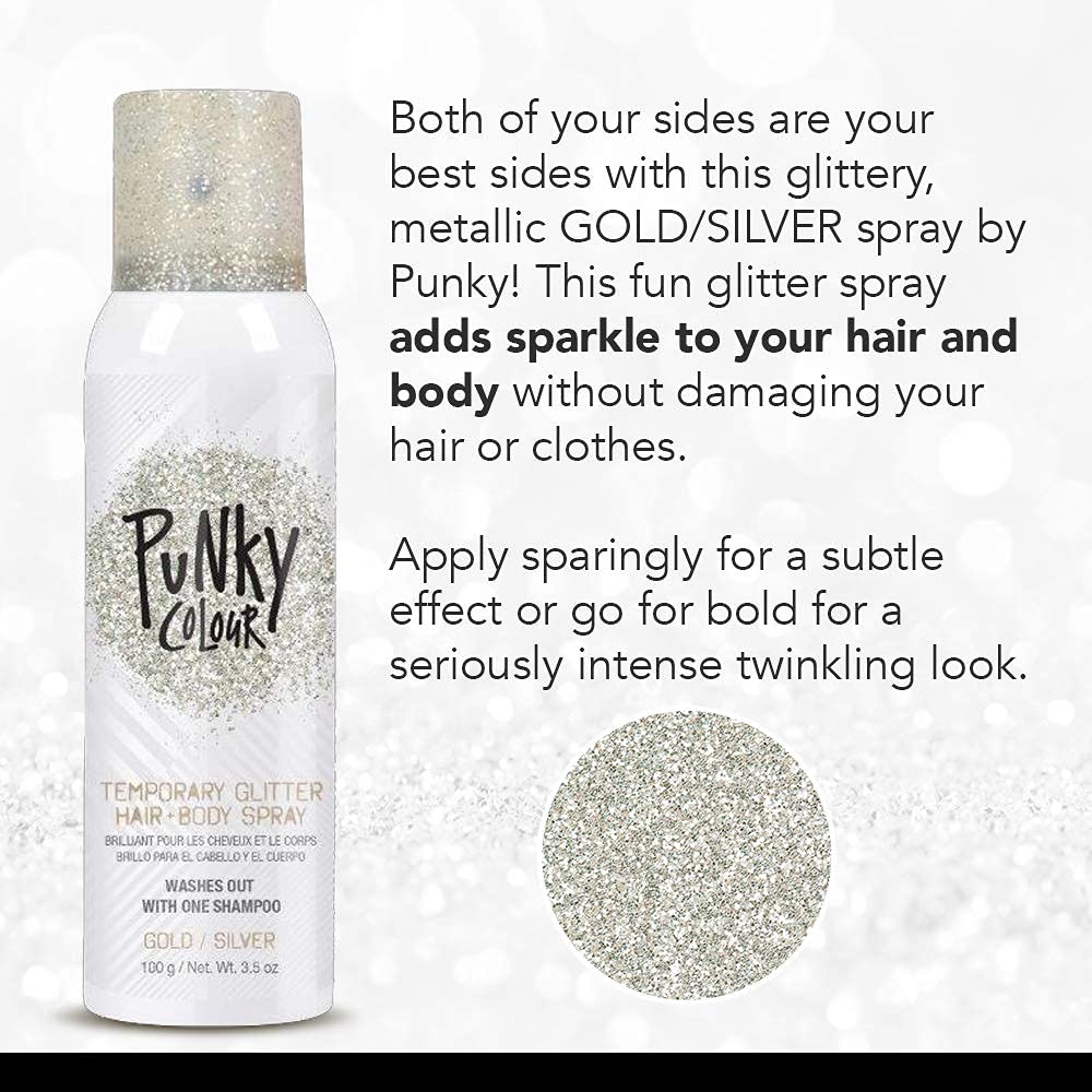 Punky Temporary Hair and Body Glitter Spray, Gold/Silver - Glitters Hairspray, Adds Shimmery Glow, Hair Glitter for Kids, Women, Men 3.5 oz