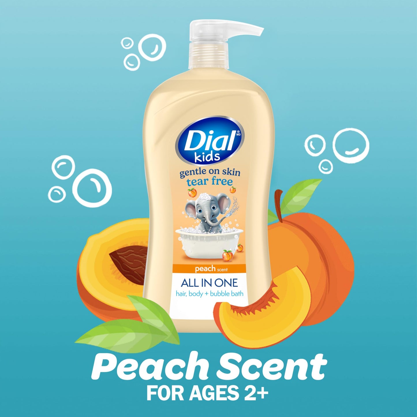 Dial Kids All-in-1 Body + Hair + Bubble Bath, Peach Scent, 32 Fl Oz, Hypoallergenic Body Wash & Shampoo, No Tears Formula for Kids 2+ Years, No