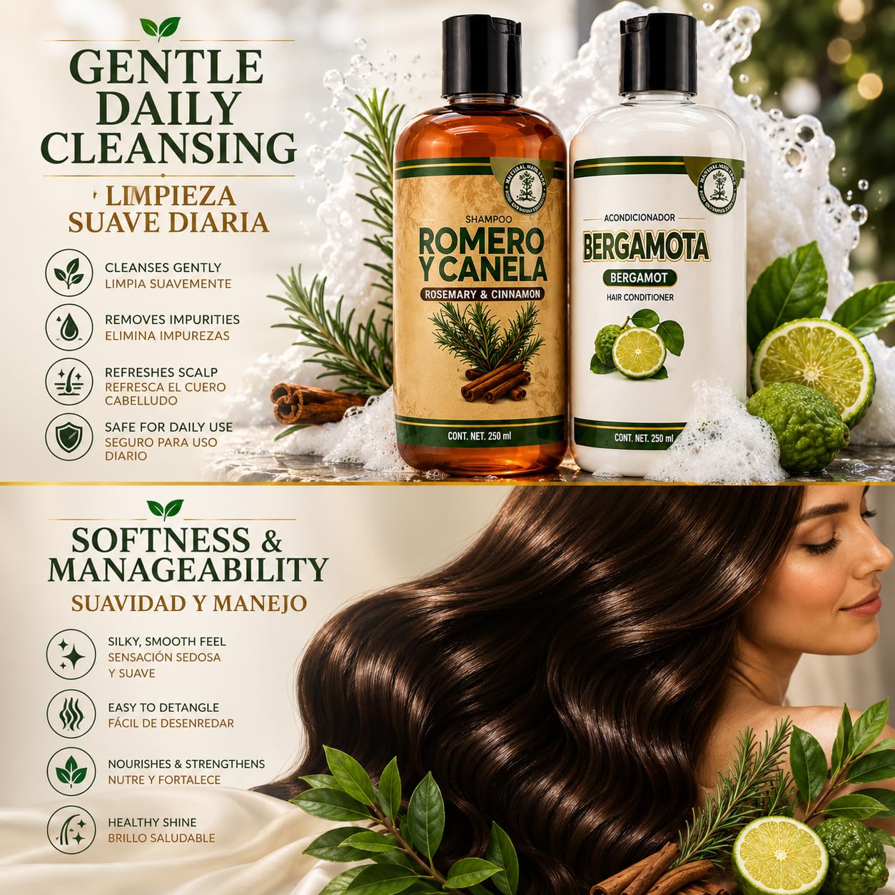 HIGH SUPREME Shampoo Romero, Sábila & Canela + Acondicionador de Bergamota - 16.9 fl oz each - Premium Nourishing Hair Care Set - Nutre y Revitaliza