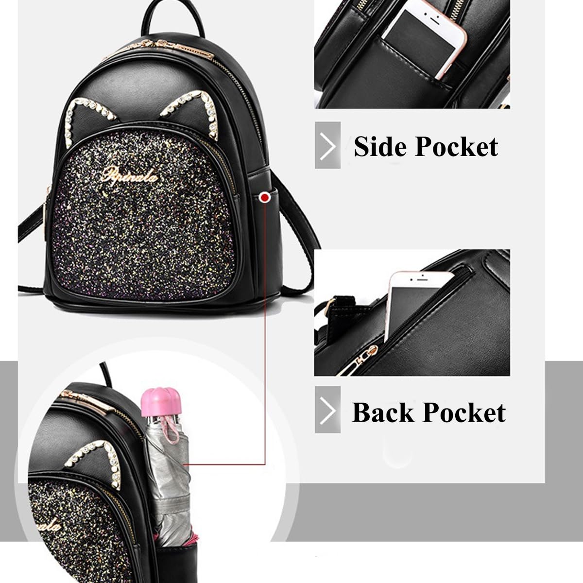 SCOFY FASHION Cartoon Cat Mini Cute Backpack Wallet For Women Leisure Small Backpack Daypack PU Leather Shoulder Bag, b-black, One Size