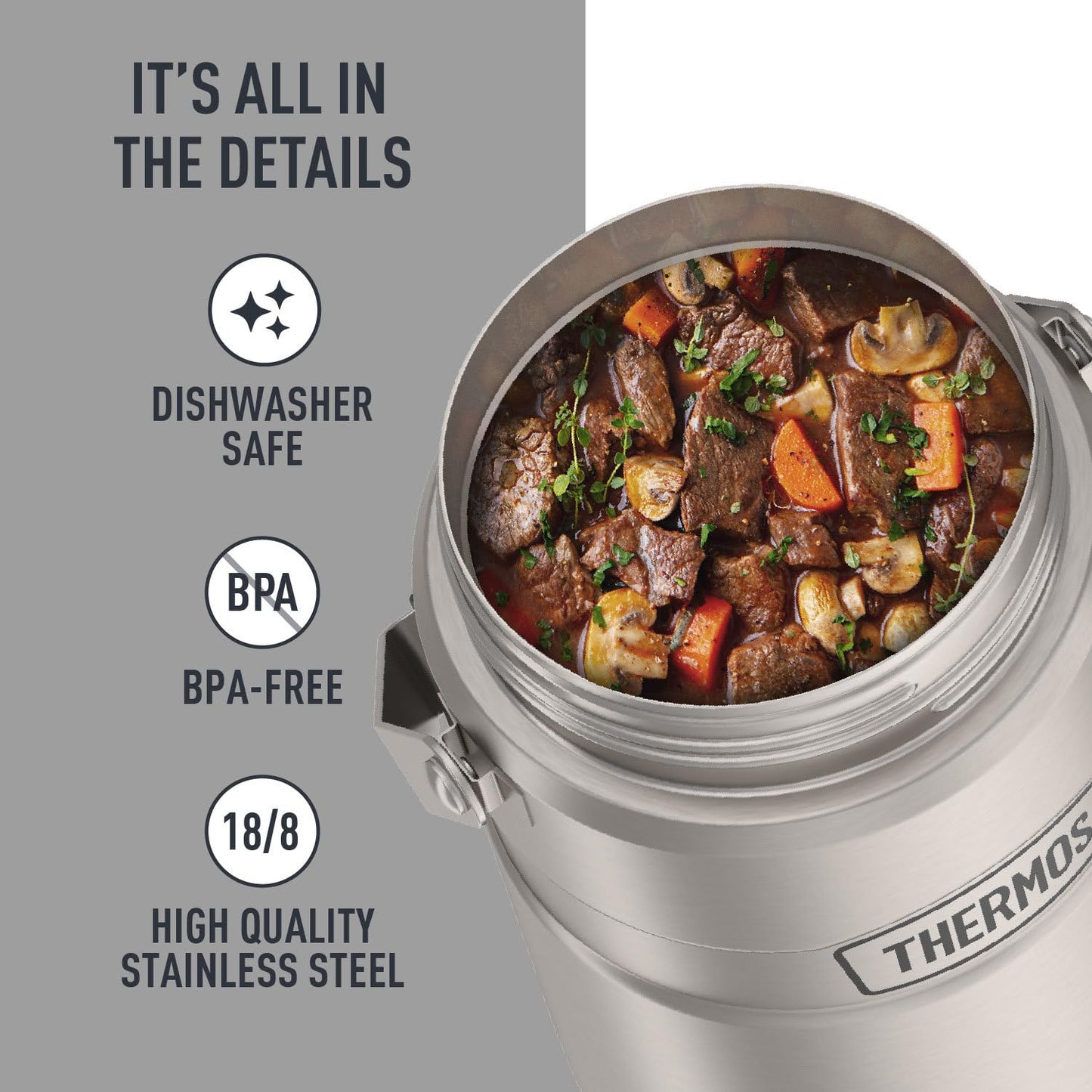 THERMOS Stainless King Vacuum-Insulated Food Jar with 2 Storage Container Inserts, 47 Ounce, Matte Steel
