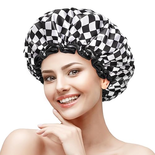 mikimini Shower Cap for Women, Reusable, Double Layers Waterproof Bathing Shower Hat with Soft Comfortable PEVA Lining, Non-fading, Stretchy & Shower