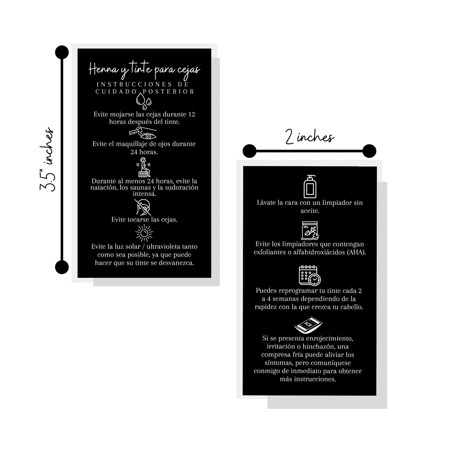 SPANISH Brow Tint & Henna Aftercare Card | Henna y Tinte Para Cejas | 50 Pack | Size 2x3.5” inches Business Card | Starter Lift Kit with Tint at home