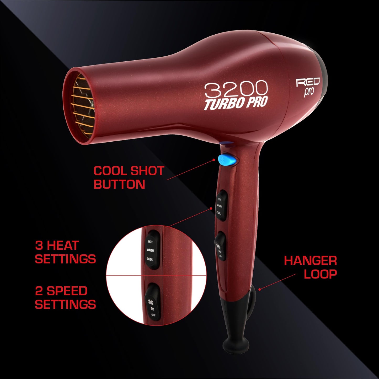 RED PRO 3200 Turbo Pro Detangler AC Hair Dryer, 3 Heat/2 Speed Settings, Cool Shot Button, Powerful Airflow, 3 Additional Styling Attachments