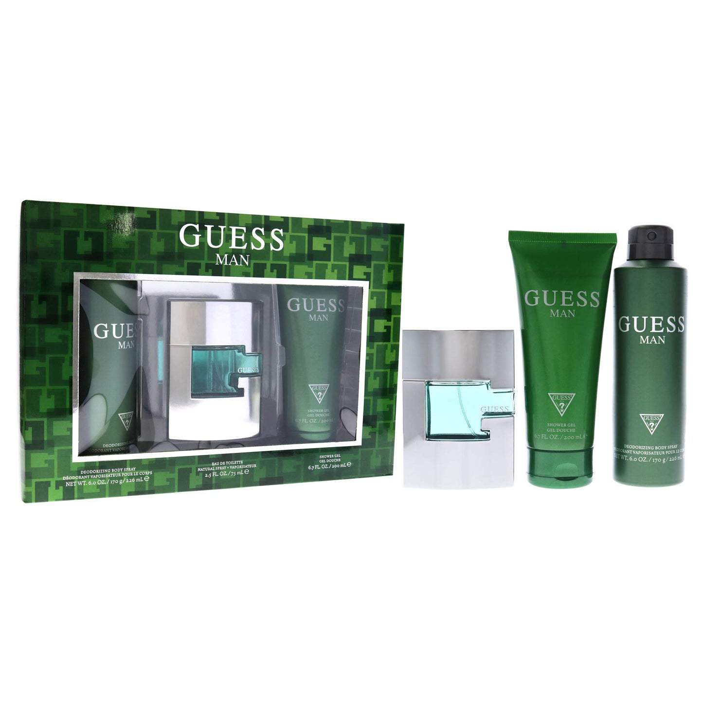 Guess Man 3 Pc Gift Set 2.5oz EDT Spray, 6oz Deodorizing Body Spray, 6.7oz Shower Gel GIFTSET