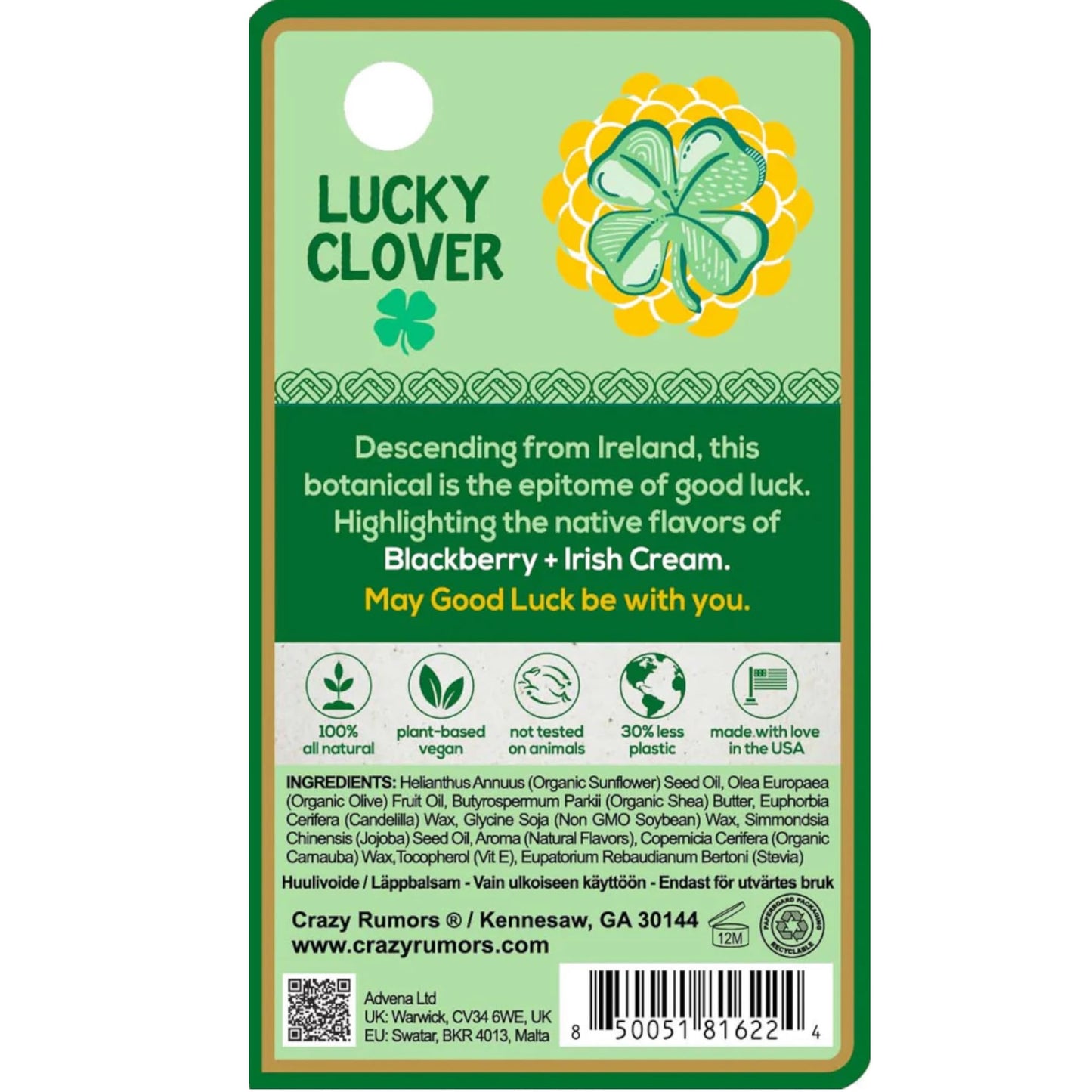 Crazy Rumors Happy Juju All Natural, Plant-Based Lip Balm with Organic Shea & Jojoba 1 Pack (Lucky Clover)