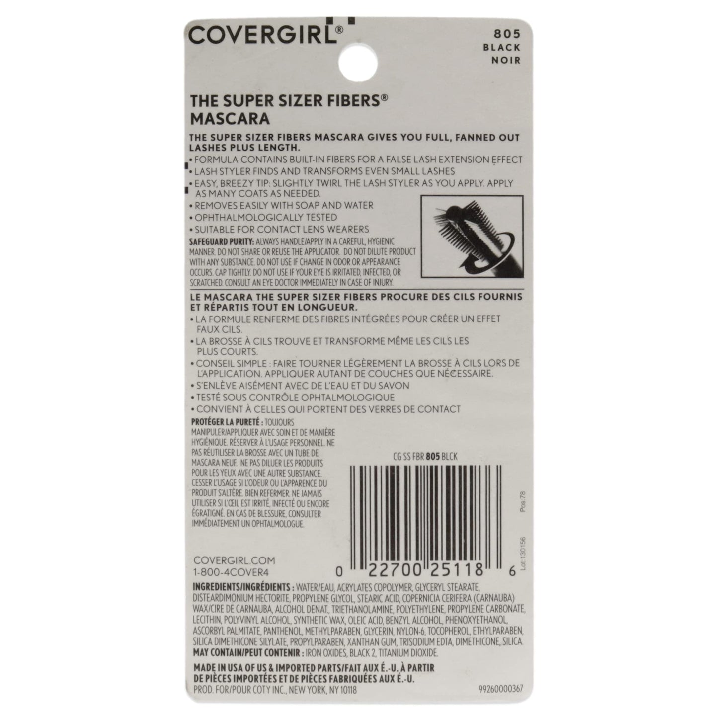COVERGIRL Super Sizer Fibers Mascara, Black 805, 0.35 Ounce (Packaging May Vary) Volumizing Mascara with Brush