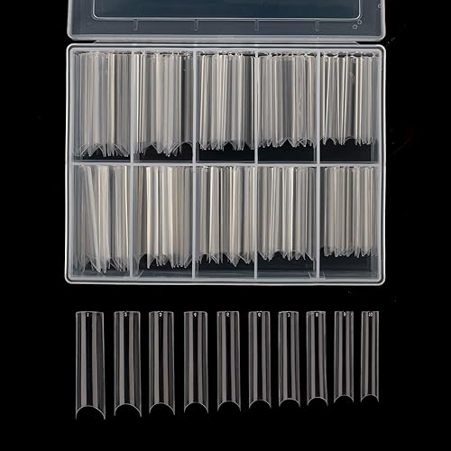 Square C Curve Extra Long Nail Tips, Half Cover Clear Acrylic Fake Nail Tips, Press On Nail False Nails with Case for Nail Salons and DIY Nail Art