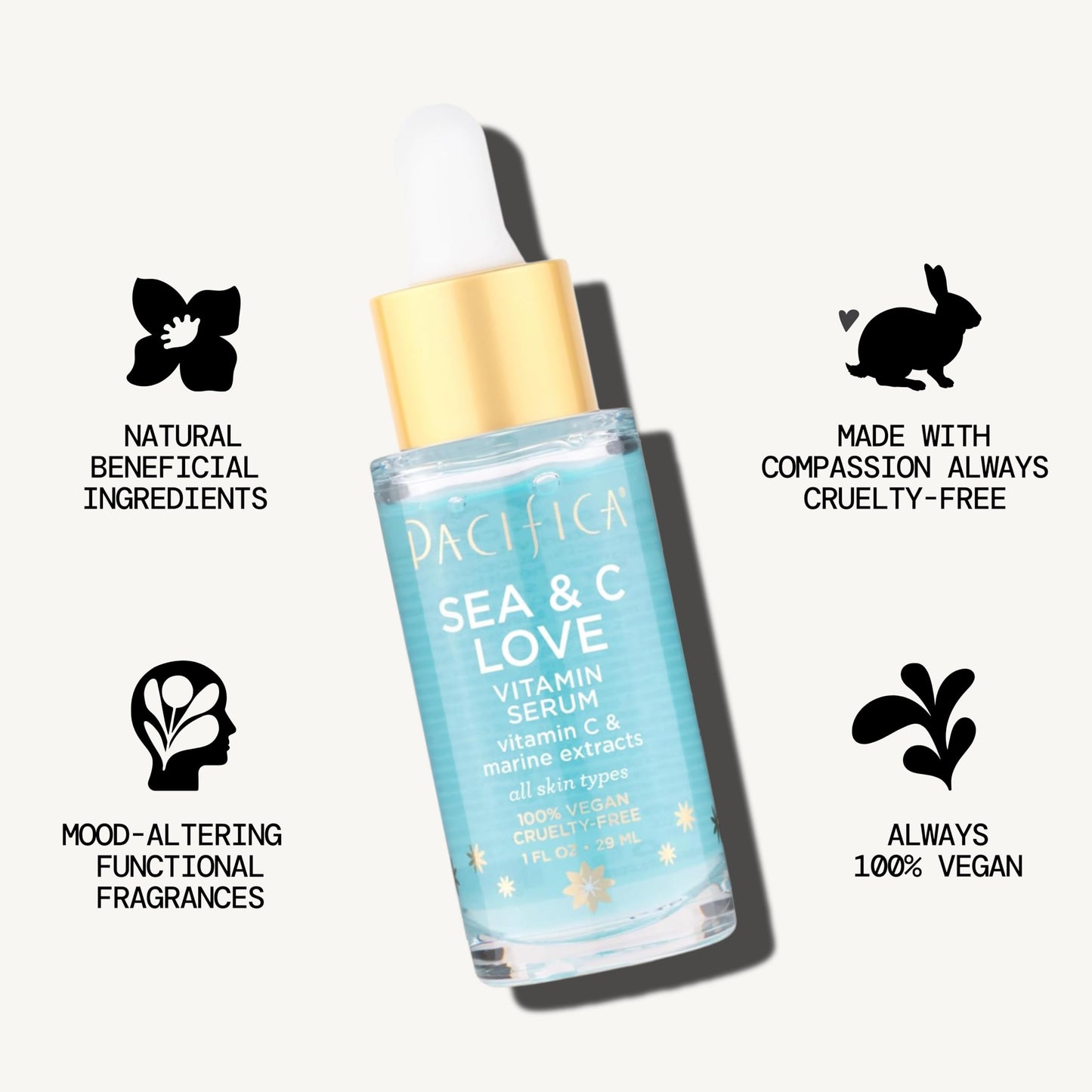 Pacifica Beauty Sea and C Love Vitamin C Serum, Skincare, Hyaluronic Acid, Green Tea, Marine Extracts, Blue Light Protection, Brightening