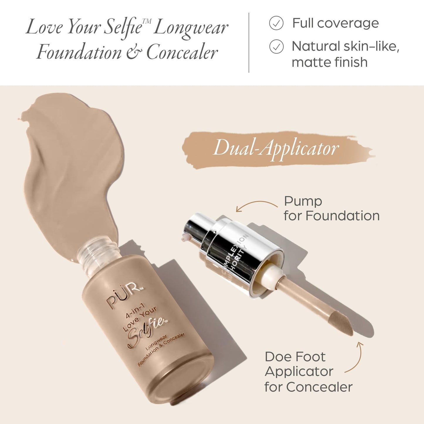 PÜR MINERALS 4-in-1 Love Your Selfie Longwear Foundation and Concealer - Unique, Dual-Applicator Component - Covers Blemishes and Imperfection