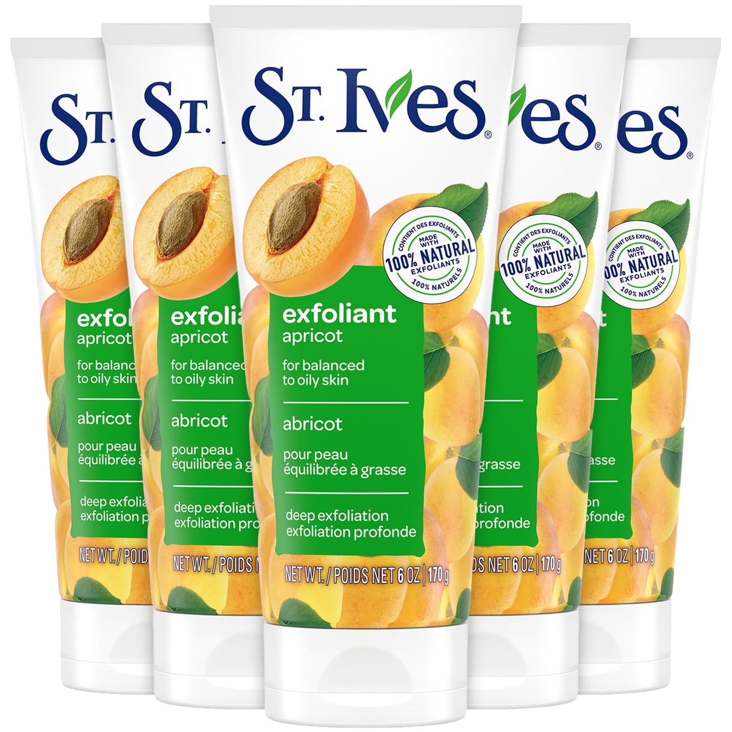St. Ives Apricot Facial Scrub, Fresh Skin 5-Pack - Face Exfoliant for Balanced to Oily Skin, 6 Oz Ea