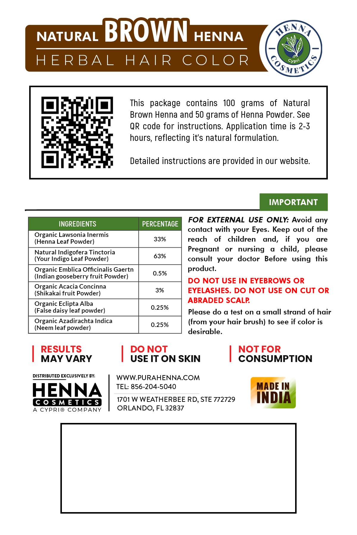 Henna Cosmetics Cypri Natural Henna Hair Color Dye, 100% Pure Henna Powder for Hair Growth Organic (Brown, 100 Gr + Free 50 Gr.)