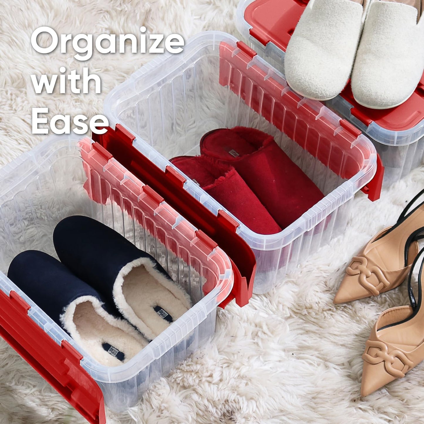 Superio Christmas Storage Box with Red Hinged Lids, Plastic Container Bins for Organizing with Attached Lid, Stackable Crates, BPA Free, Organizers…