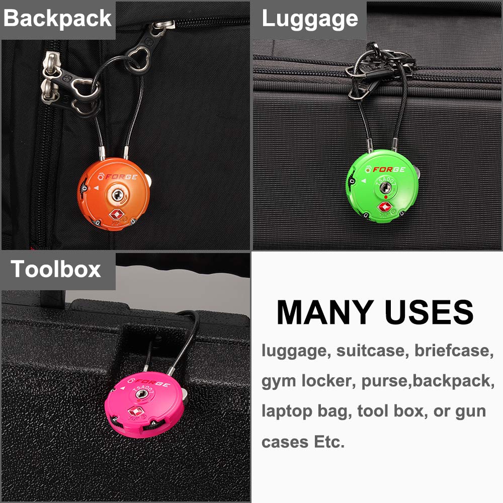 Forge TSA Approved Luggage Locks – 4 Pack Combination Travel Locks with Zinc Alloy Cable for Suitcases, Pelican Case, Ammo Box & Bags
