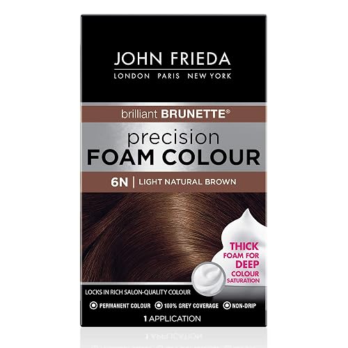 John Frieda Precision Foam Colour, Light Natural Brown 6N, Full-Coverage Hair Color Kit, Anti-Fade Gray Coverage, Deep Color Saturation Hair Dye, 1