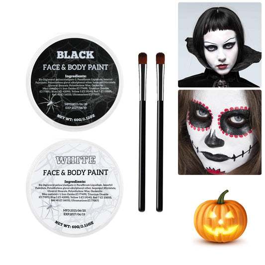 Js2U ZW White Black Oil Face Body Paint Set, Halloween Skeleton Makeup Kit with 2 Brushes, Professional Black and White Face Painting Kit