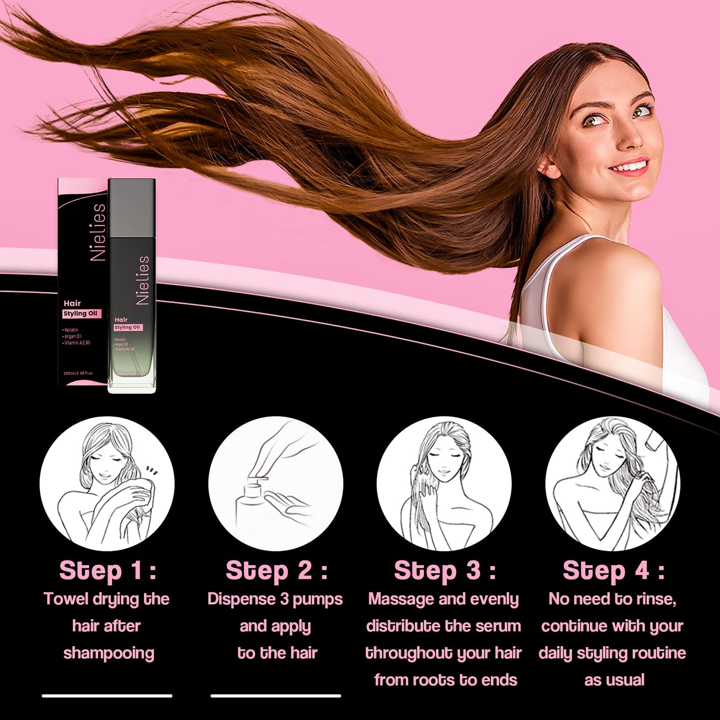 Nielies Hair Serum for Frizzy and Damaged Hair- Keratin Hair Treatment for Dry Hair-Leave-in Anti Frizz Hair Serum with Vitamins A, C, E & B5-Sérum