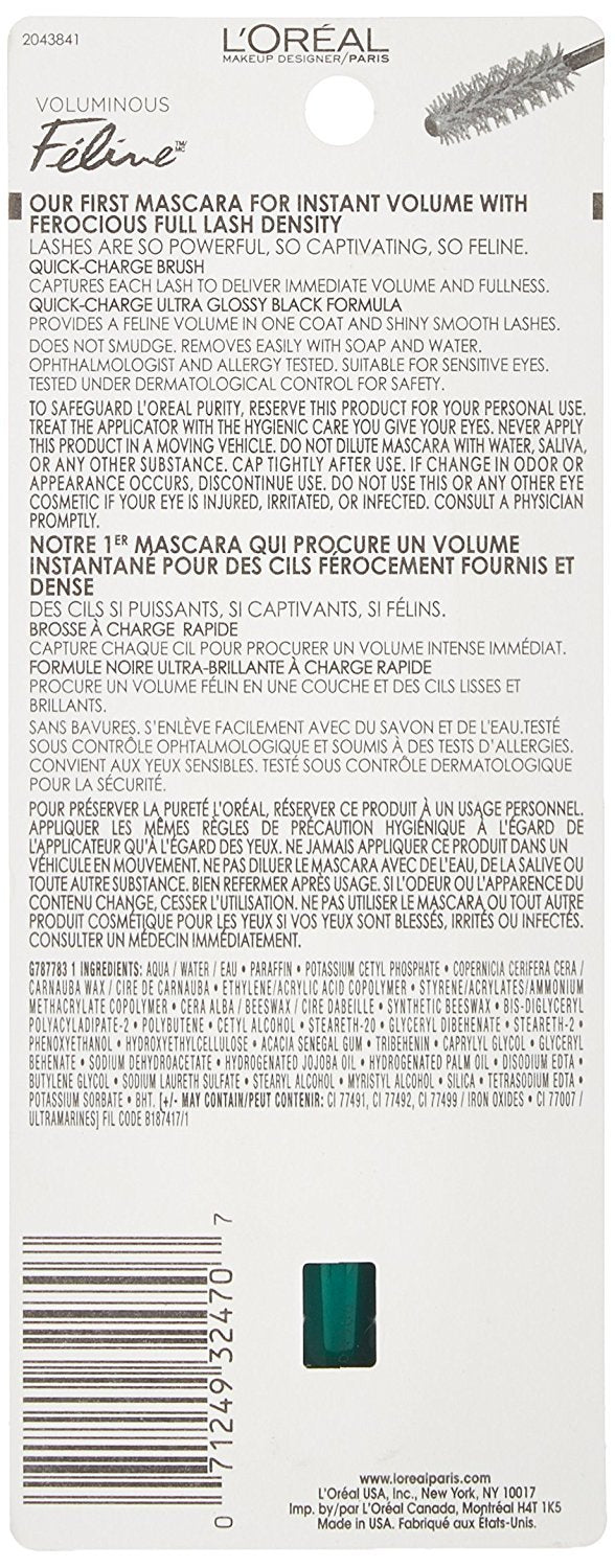 L'Oreal Paris Cosmetics Voluminous Feline Washable Mascara, Blackest Black, 1 Tube