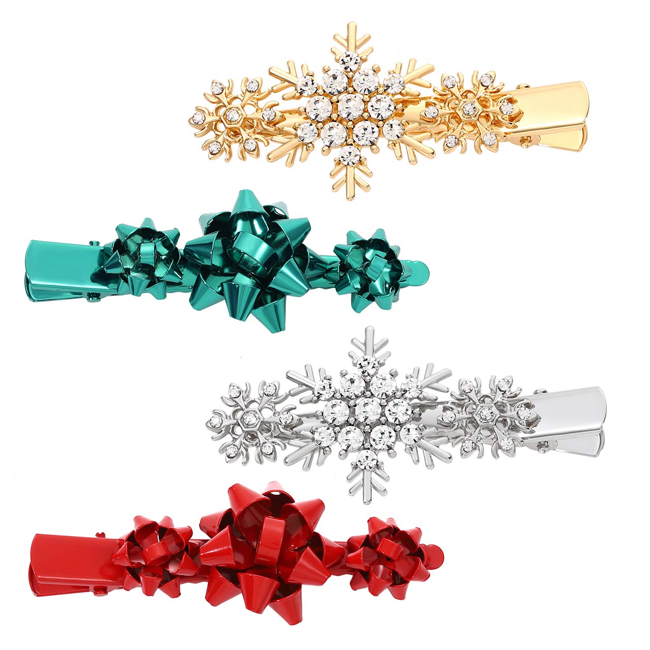 4pcs Christmas Hair Clips for Women Girls Xmas Present Bow Hair Pins Crystal Christmas Snowflake Hair Barrettes Holiday Jewelry Ornament New Year Gift