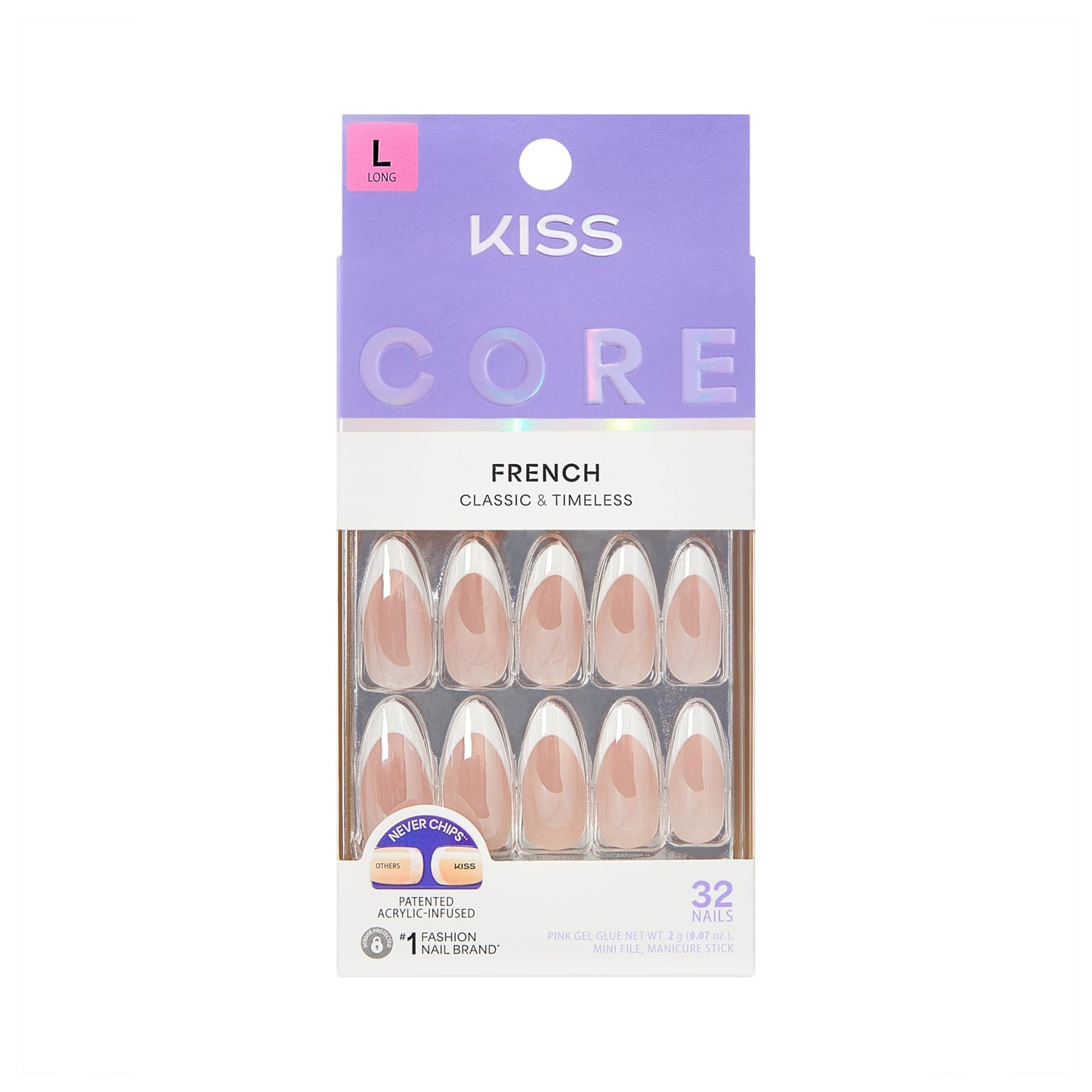 Kiss Core, Press On Nails, Nail glue included, 'Fascinating', White, Long Size, Almond Shape, Includes 32 Nails, 2g Glue, 1 Manicure Stick, 1 Mini Beauty and Personal Care KISS Default Title