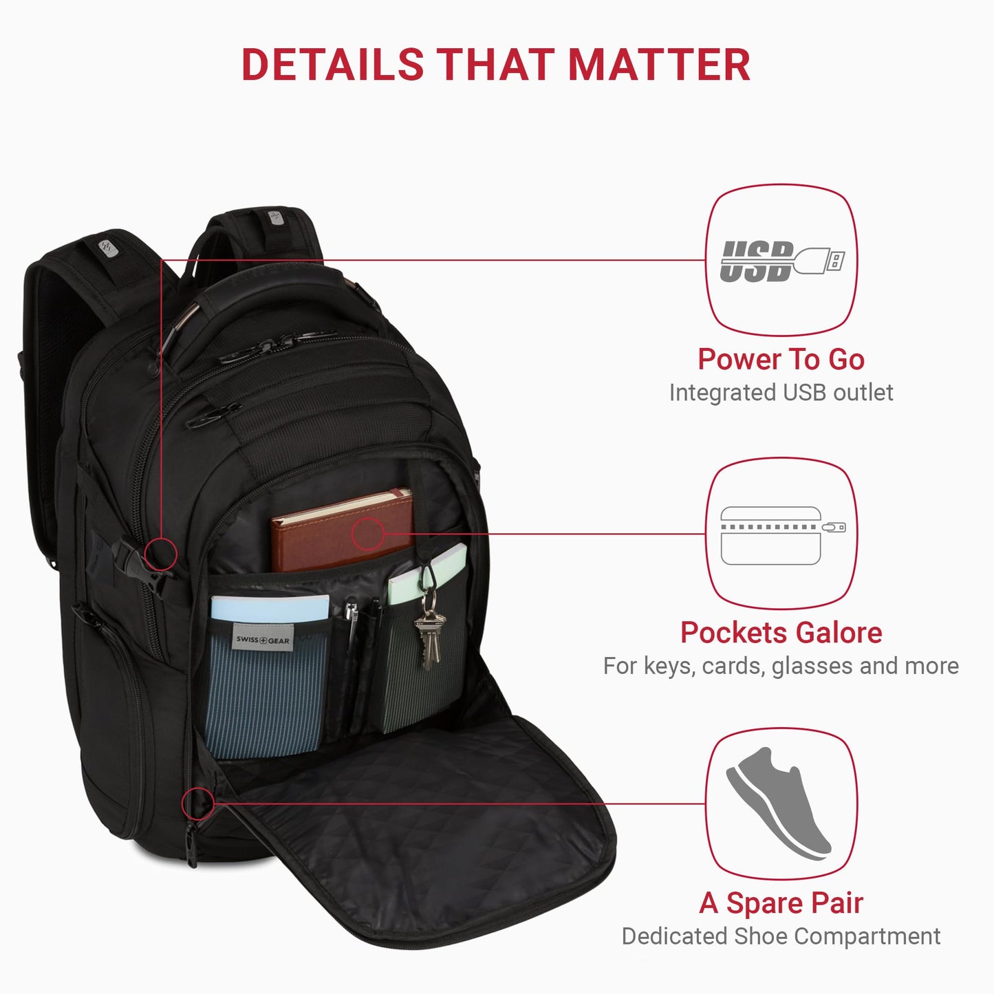 SwissGear Travel Tech Elite Laptop Backpack - Fits Laptops up to 16” - ScanSmart TSA-Friendly Backpack with USB Port, Shoe Compartment & Organizer Pockets - Black
