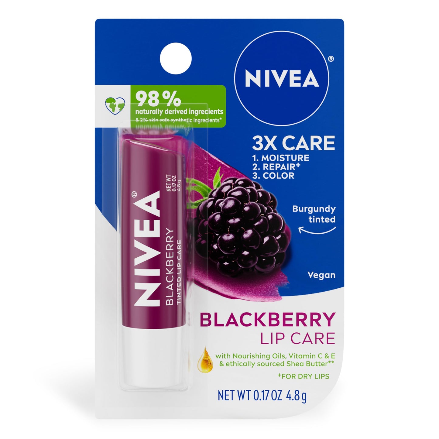NIVEA Blackberry Lip Care, Tinted Lip Balm with Shea Butter, Nourishing Oils and Vitamin C & E, 3-in-1 Moisture, Repair (for Dry Lips) and Color, 0.17