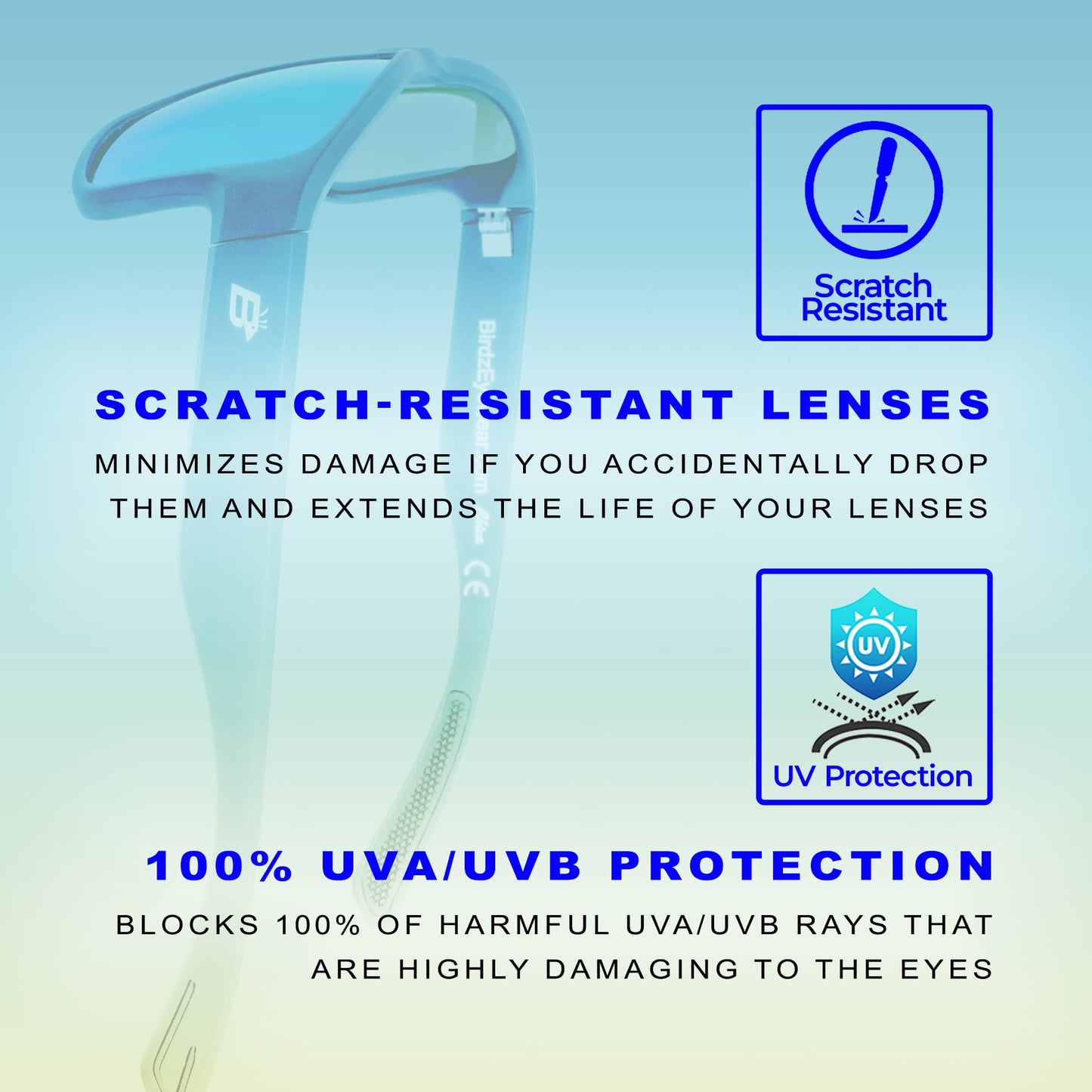 Birdz Eyewear Glide Sunglasses for Men or Women Scratch Resistant Lens Lightweight Black Square Frame Green Mirror Lens