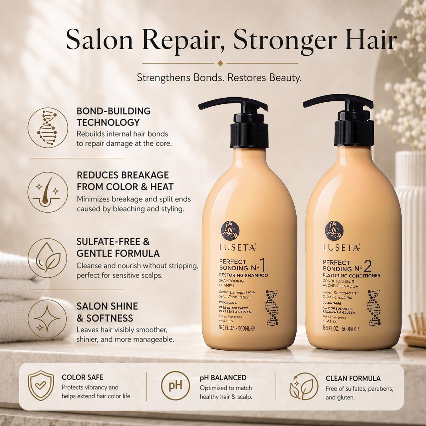 LUSETA Bond Repair & Revitalizing Shampoo and Conditioner Set for Chemically Damaged Hair. Deep Moisture to Smooth Frizz & Add Shine. Strengthens Hair