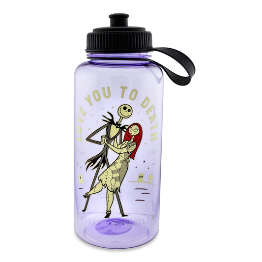 Disney The Nightmare Before Christmas Love You To Death Plastic Water Bottle With Spill-Resistant Sports Cap Lid | Holds 34 Ounces