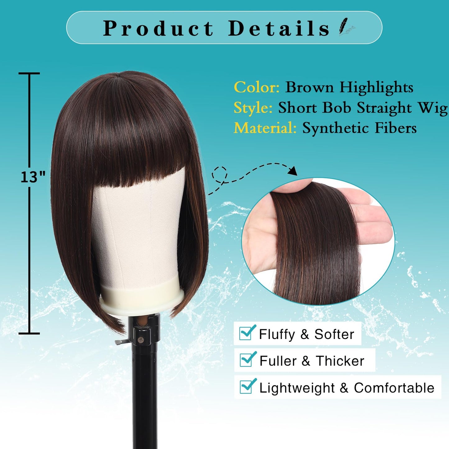 Kalyss Bob Wigs for Women Short Straight Bob Wig with Hair bangs Natural Looking Heat Resistant Synthetic Hair Wigs for Women 13 Inches (Brown
