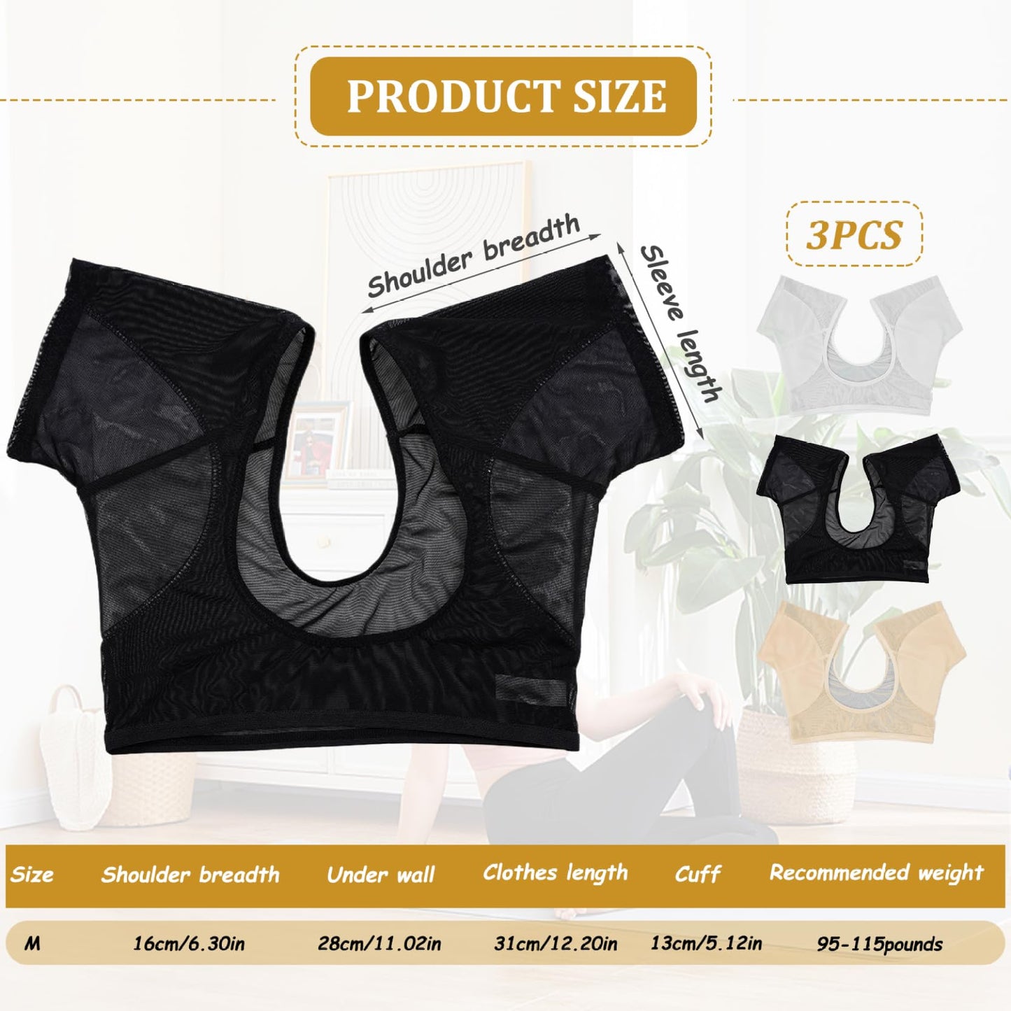 3Pcs Armpit Sweat Pads, Washable Vest Underarm Sweat Pads Breathable Sweatproof with 3 Colors White, Skin Color and Black for Under Armpits for Women Beauty and Personal Care Sgqtqybk