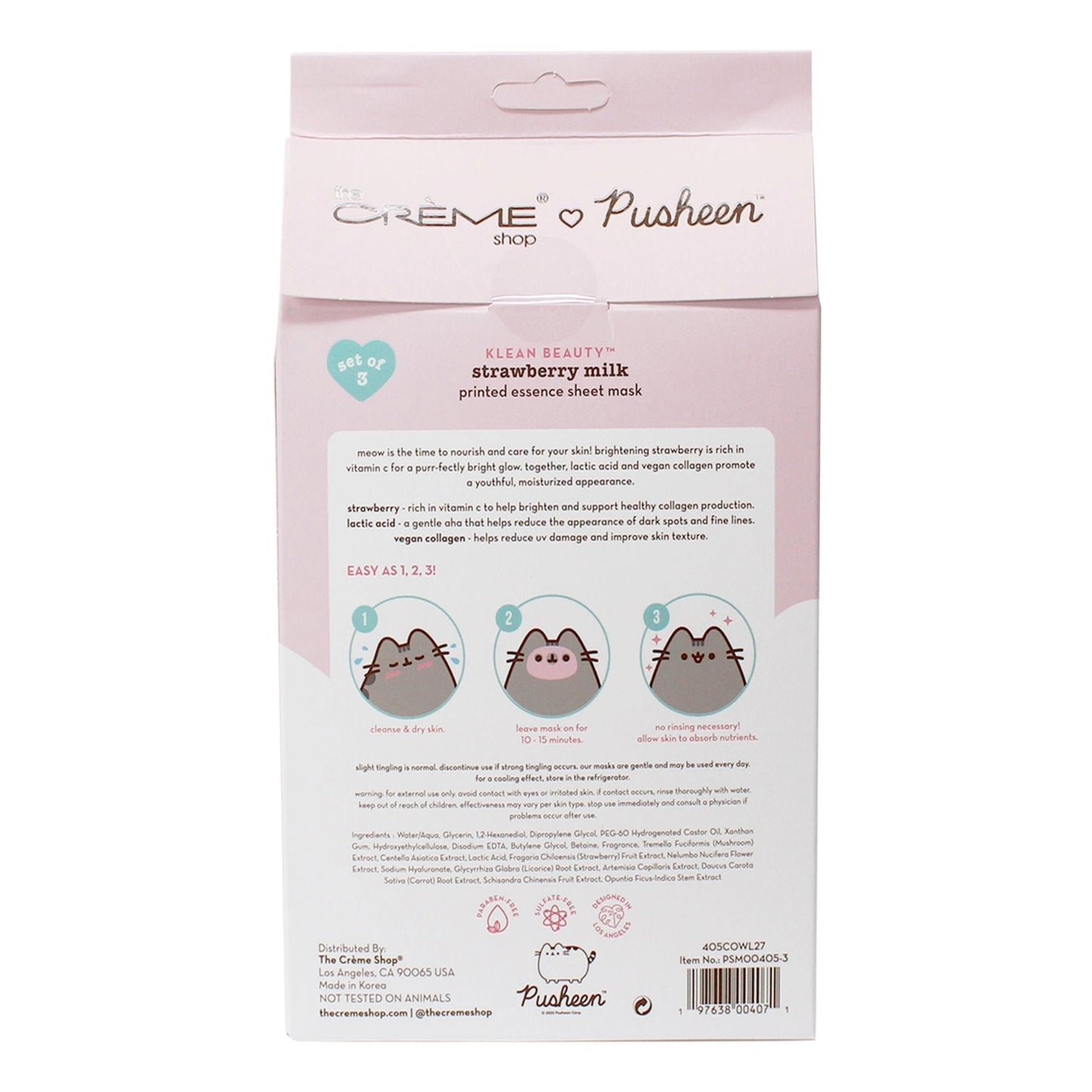 The Crème Shop x Pusheen Printed Essence Sheet Mask - Formulated with Collagen, Lactic Acid, and Strawberry for Glowing, Moisturized Skin (Strawberry
