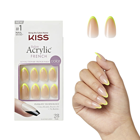 KISS Salon Acrylic, Press On Nails, Nail glue included, 'Hype', Light Neon Yellow, Medium Size, Almond Shape, Includes 28 Nails, 2G Glue, 1 Manicure Beauty & Personal Care KISS