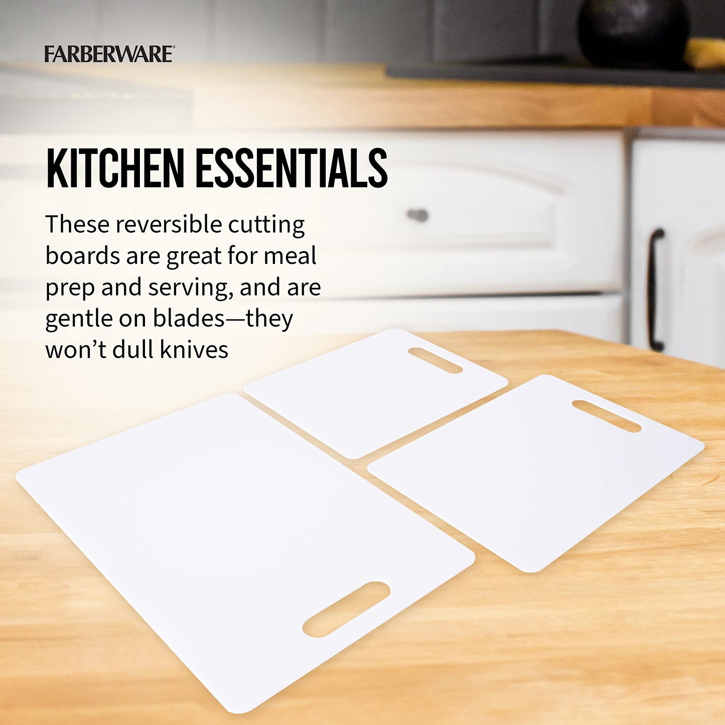 Farberware Plastic Cutting Board Set, Dishwasher- Safe Poly Chopping Board for Kitchen with Easy Grip Handles, Set of 3, White